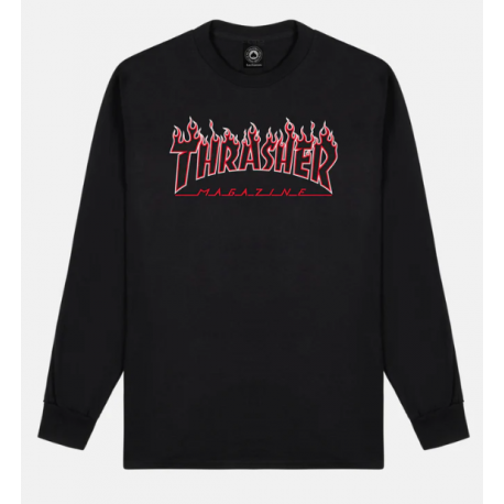 T-SHIRT THRASHER FLAME LOGO LS - BLACK RED